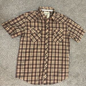 Coastal Men's Large Short Sleeve Pearl Snap Up Brown Plaid Shirt EUC